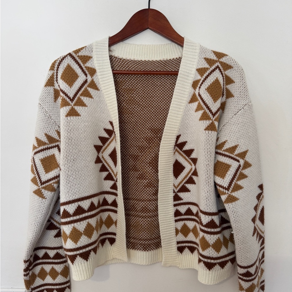 Aztec Pattern Cropped Cardigan | Western Boho | Cream & Brown | S/M